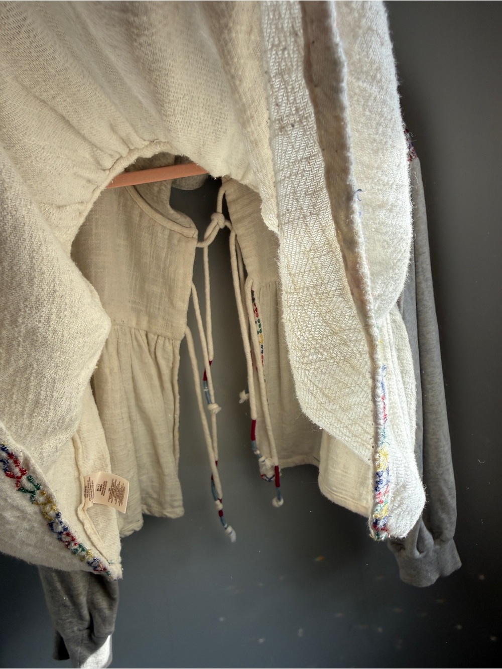Free People Embroidered Hoodie Swing Cardigan Boho Peplum Jacket Womens M Cream - Picture 11 of 12